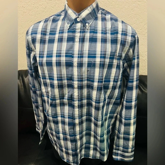 J.Crew Flex Washed Classic Fit Button Up Dress Shirt  L Navy Blue Plaid - Picture 1 of 9
